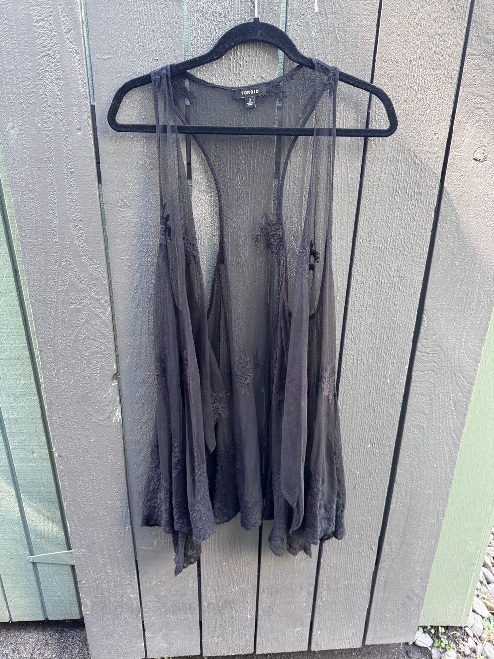 Torrid Black Sheer Embroidered sleeveless cardigan, lace and ruffles, Size 3